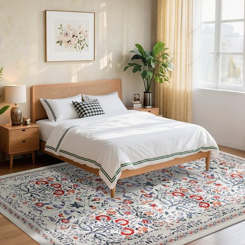 Area Rug Washable Rug Runner, 2X10 Hallway Runner Rugs for Bedroom Floral Boho Carpet Ultra-Thin Soft Kitchen Mats for Floor, Non-Slip Stain Rugs for Living Room, Entryway, Kitchen, Beige and Red