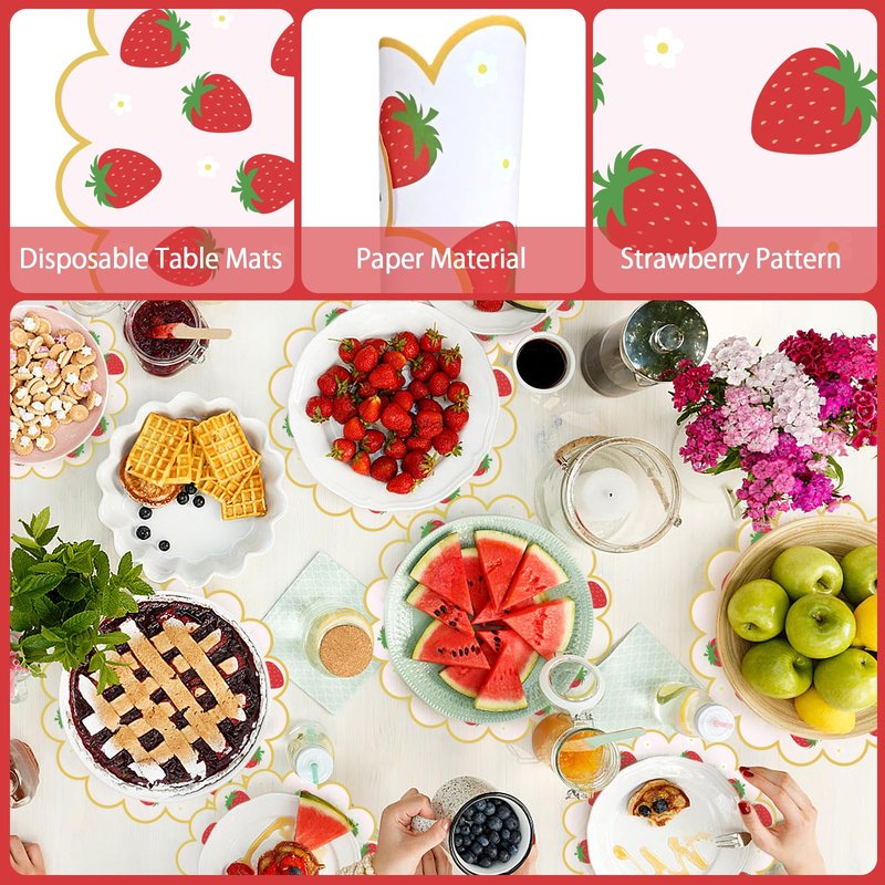 100Pcs Strawberry Paper Placemats Pink Fruit Place Mats 13.5 Inch Disposable Round Decorative Dining Table Mats with Scalloped Edges Paper Cutouts for Spring Birthday Bridal Wedding Party Supplies