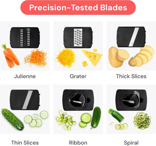 Fullstar Mandoline Slicer - 6-in-1 Kitchen Tool with Safety Glove | Versatile Fruit, Veggie & Cheese Cutter in Black