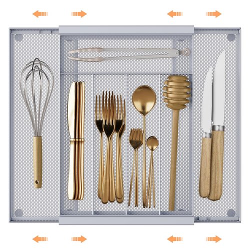 Sedegn Silverware Organizer Metal Mesh, Drawer Organizer, Utensil Cutlery Tray Expandable Flatware Organizer with 7 Compartment Silver 9.6"~16.1" x 13.8"
