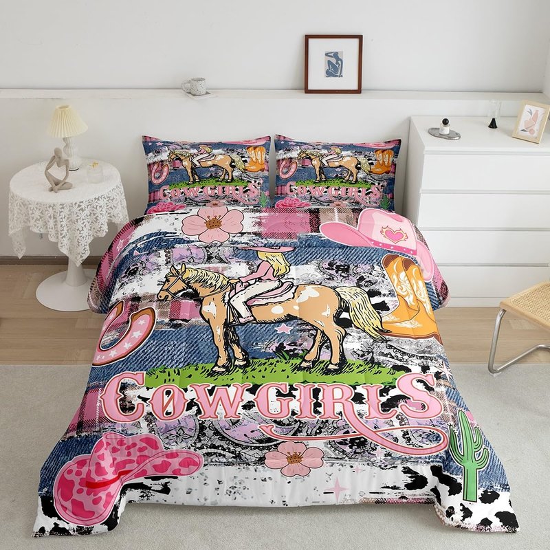 Western Cowgirls Bedding Set Twin Size,Kids Pink Leopard Checkered Comforter Set for Girls Woman Boys Room Decor American Southwest Rustic Quilt Set Pink Graffiti Duvet Insert,1 Pillowcase