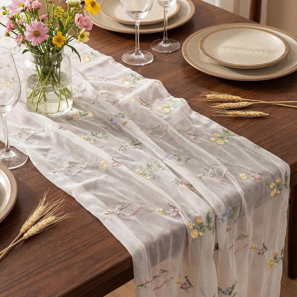 Remagr Floral Table Runner - 9.8 ft Embroidered Tulle for Home Decor | Perfect for Weddings & Parties