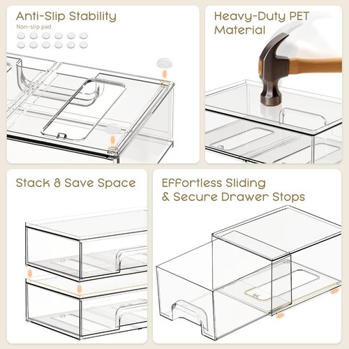 Criusia Stackable Storage Drawers - 3 Pack Clear Acrylic Makeup Organizer for Vanity & Kitchen Cabinets