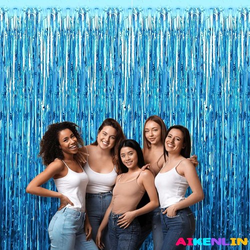 Lake Blue Foil Fringe Curtains - 4 Pack Metallic Tinsel Backdrop | 3.2Ft x 9.8Ft for Parties & Events