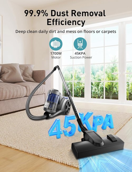 Aspiron 1700W Bagless Canister Vacuum Cleaner - Multi-Cyclonic Filtration & HEPA Filters | Purple