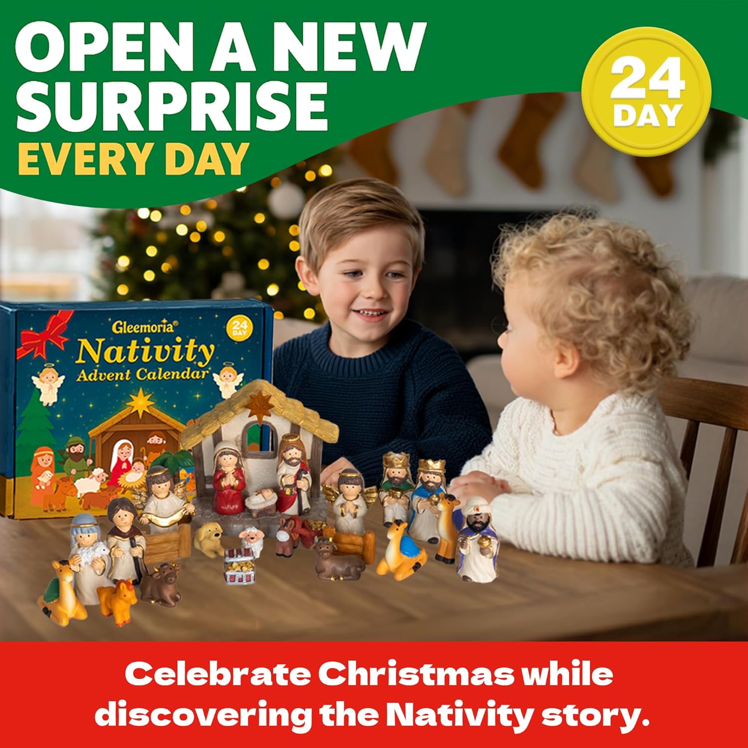 Nativity Advent Calendar 2025 - Light-Up Nativity Scene Set with Resin Figures for Kids