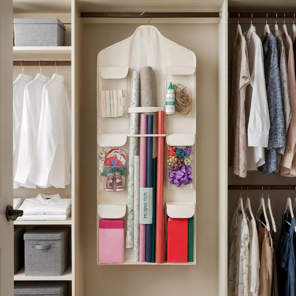 Wrapping Paper Organizer - Double-Sided Gift Wrap Holder with Wooden Hanger | Over the Door Storage for Christmas & Special Occasions