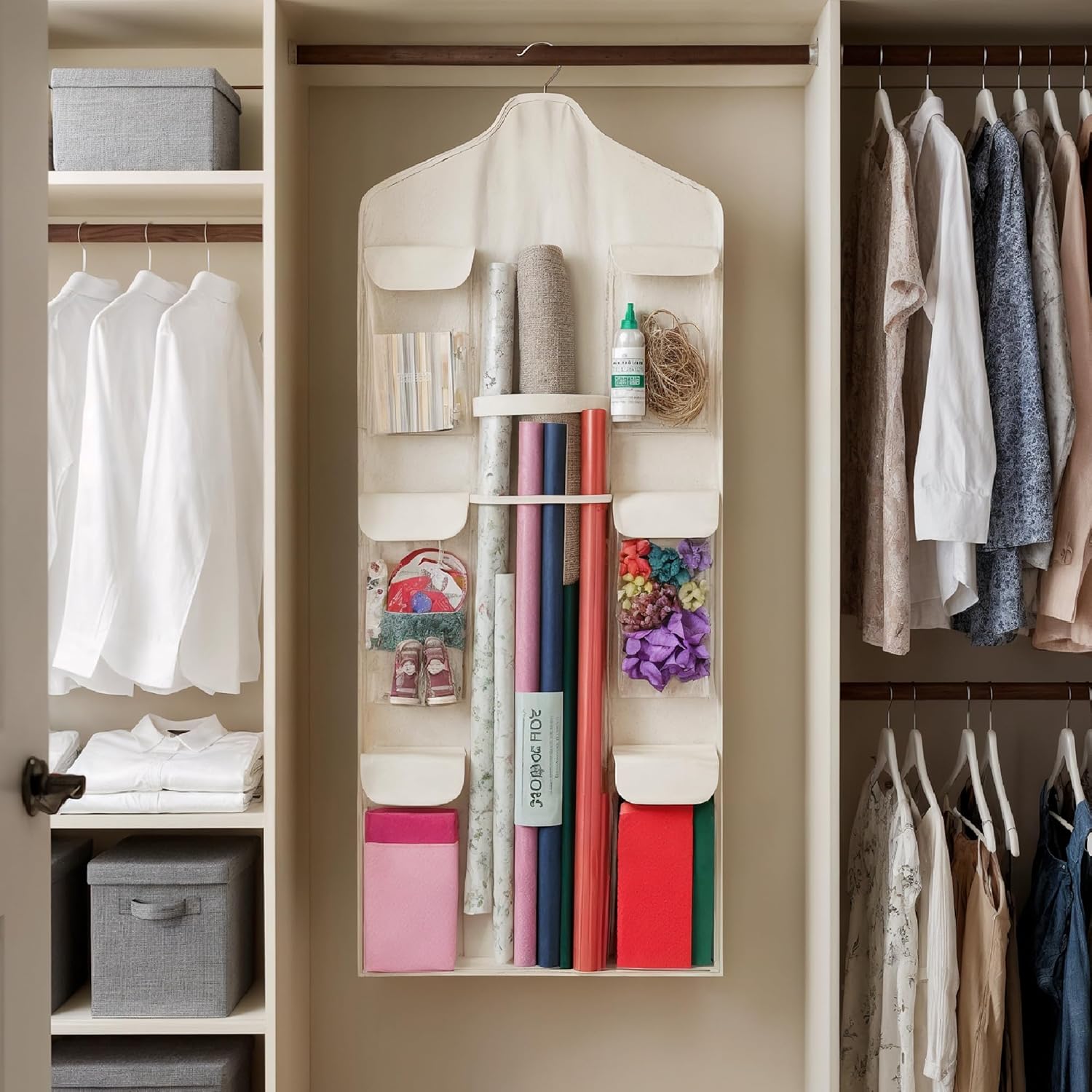 Wrapping Paper Organizer - Double-Sided Gift Wrap Holder with Wooden Hanger | Over the Door Storage for Christmas & Special Occasions