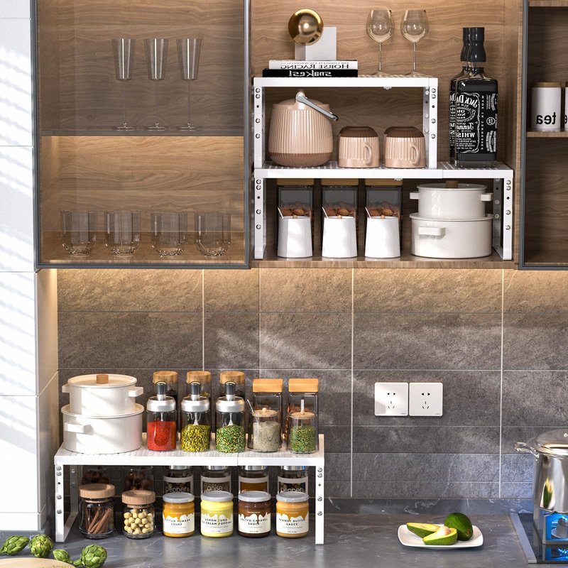 Ipotive Expandable Adjustable Stackable Kitchen Organizer,Pantry Storage Shelves Racks,for cabinets Shelf, Kitchens, countertops, bathrooms,RV(2Packs/White,Medium)
