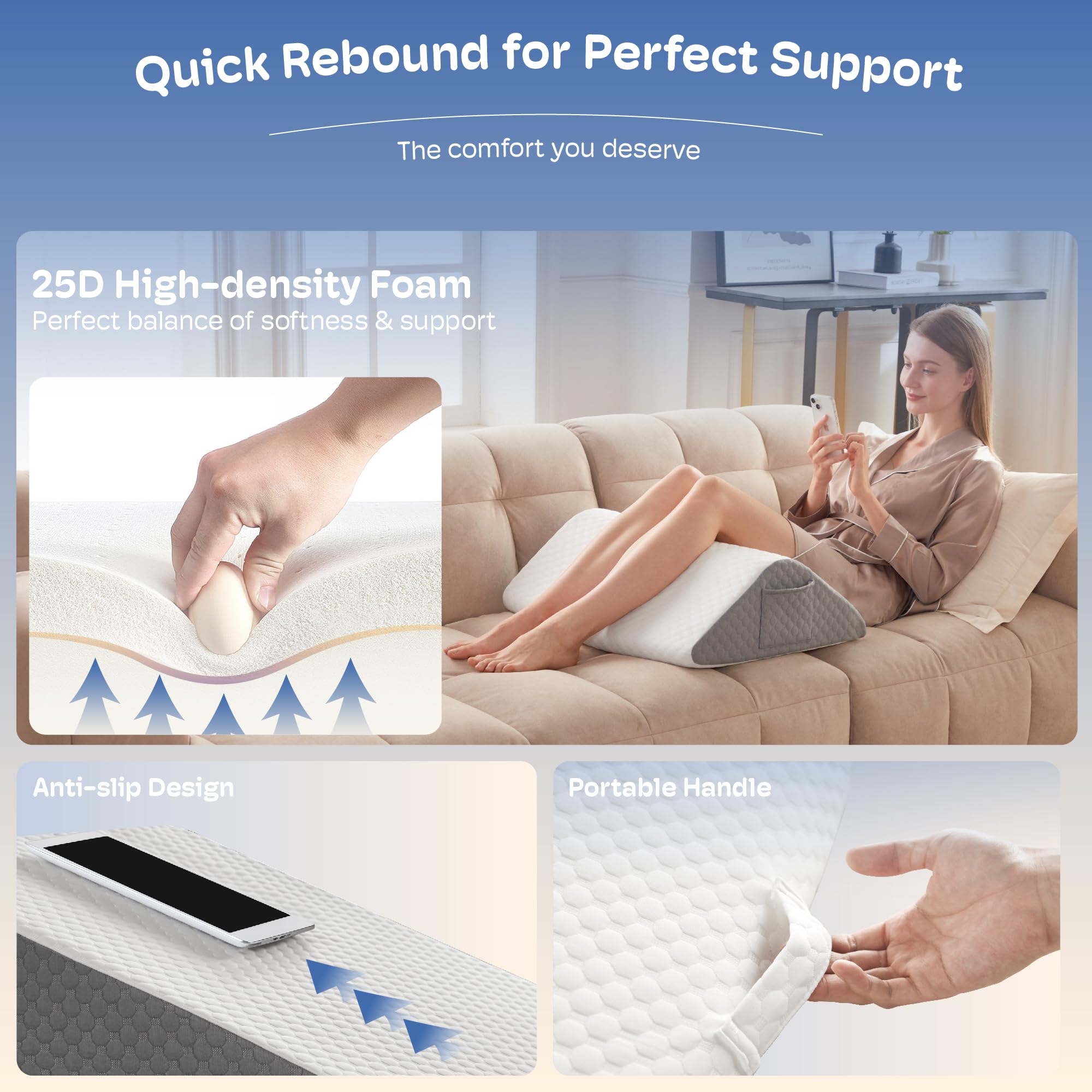 Knee Wedge Pillow, Leg Elevation Pillows for After Surgery, Triangle Pillow Wedge for Ankle Support, 8'' Height Foam Wedge Pillow for Back Pain Relief & Enhanced Circulation in Ankles and Legs