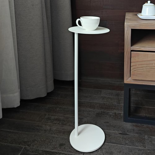 RhymiDot Premium Round Small Pedestal Side Table, C Shaped End Table, Mini Drink Table with Upgraded Weighted Metal Base, for Livingroom, Bedroom, Bathroom, Balcony, Small Spaces (White)