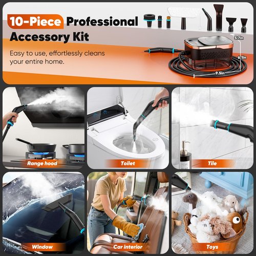 Steam Cleaner, 2500W Heavy Duty Pressurized Handheld Steamer with Built-in 1.32 qt Water Tank & 10 Accessories – for Kitchen, Bathroom, Car, Floors, Furniture, Tile & Windows (Rose Gold)