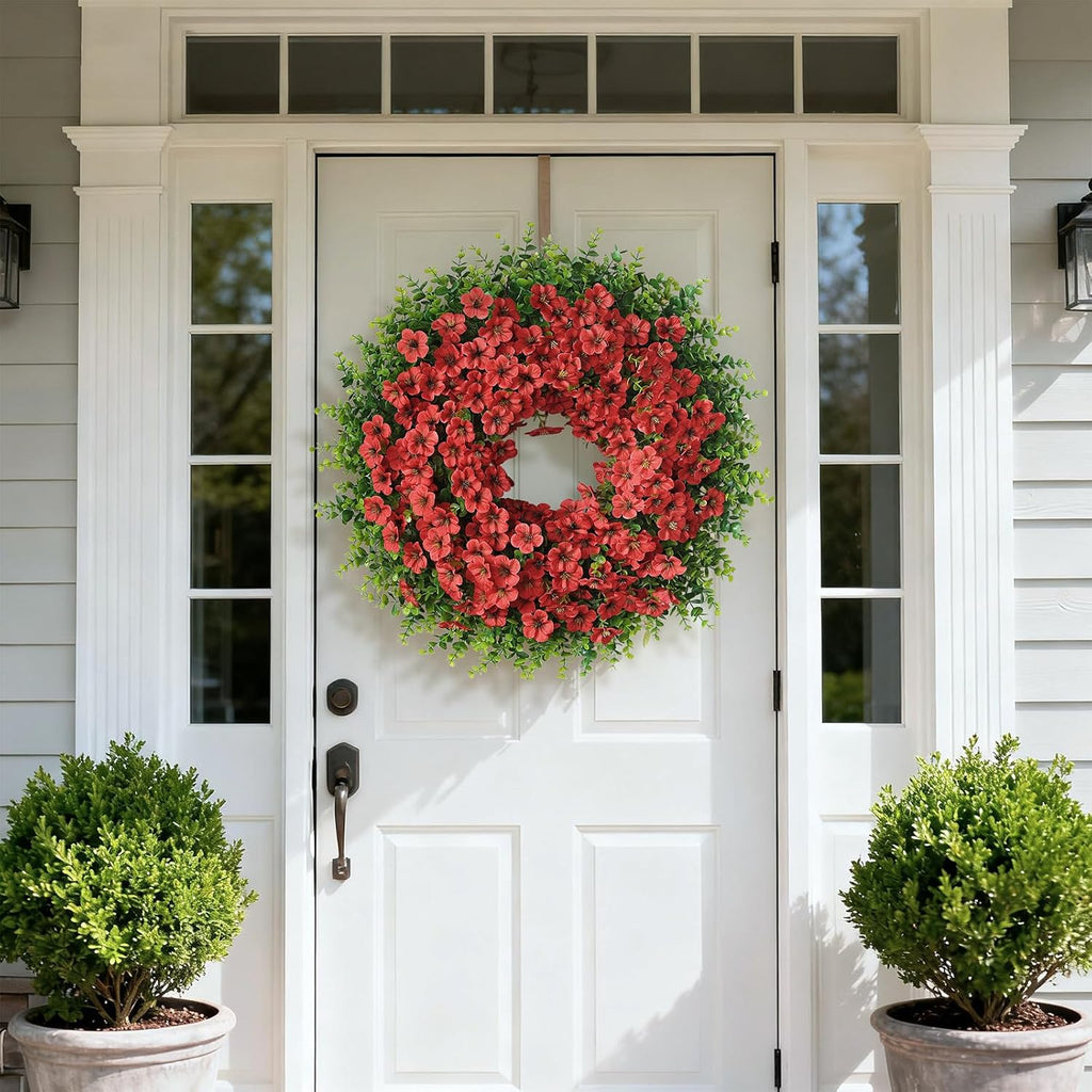 Skiennix 26" Large Artificial Eucalyptus Wreath - Realistic Silk Morning Glory Flowers for Home & Wedding Decor (Red)