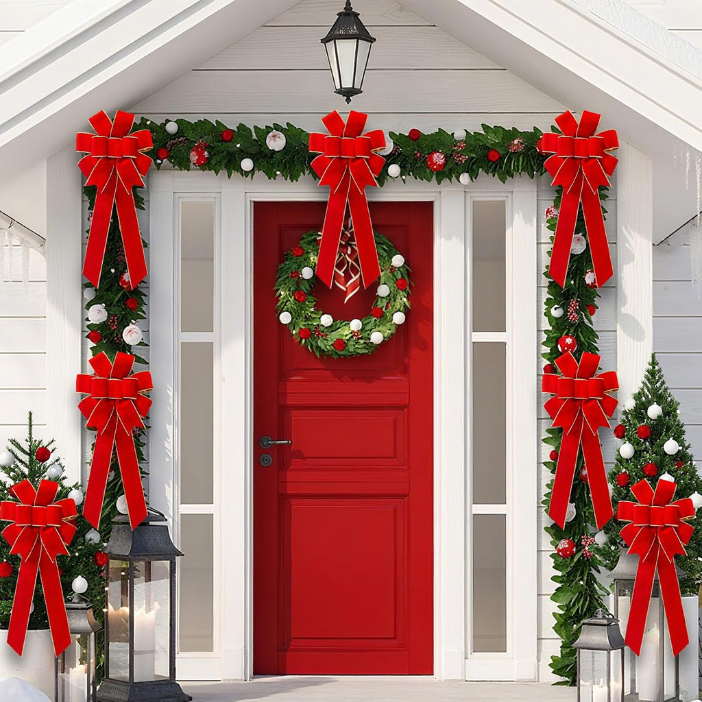 Red Velvet Christmas Bows - Gold Wired Decorative Bows for Wreaths, Trees & Outdoor Decor | Gift Box Included