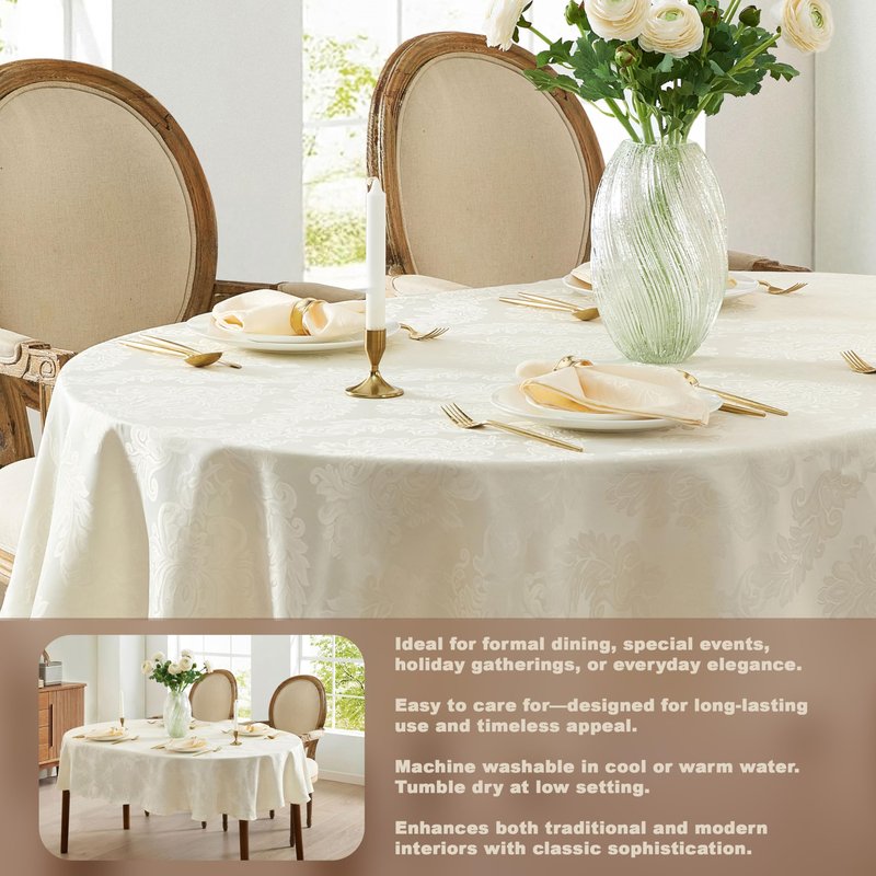 Newbridge Barcelona Luxury Damask Fabric Tablecloth, 60” Wide x 120” Oval, Antique White, 100% Polyester, No Iron, Soil Resistant Dining Room, Party and Banquet Table Cover