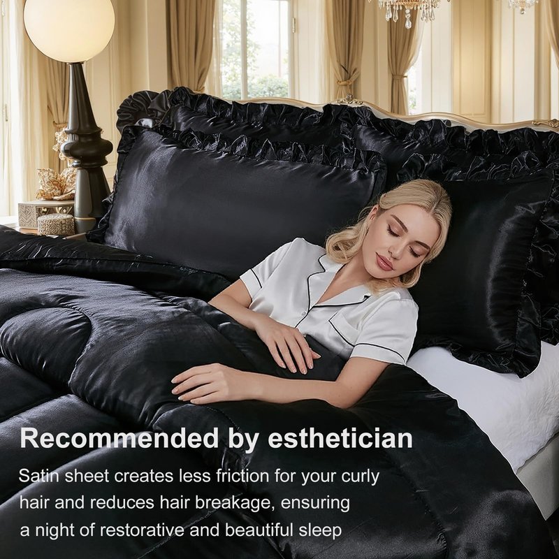 Satin Queen Comforter Set Silk Like Satin Bedding Set Hotel Soft Polyester Black Bed Set Luxury Silky Pillow Cover with Quilt Set Ruffle Down Comforter Home Decor
