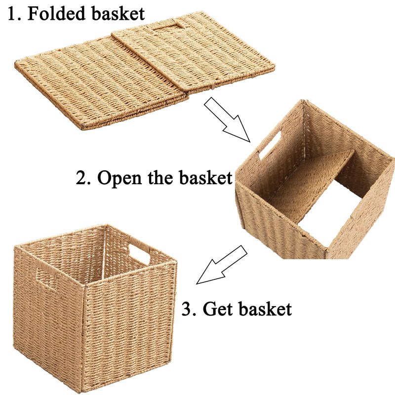 Foldable Storage Baskets with Handles Paper Rope Storage Baskets Rectangle Collapsible Hand Woven Storage Cubes Bins for Organizing Shelves Living Room Bedroom Pantry (4, 13'' x 13'' x 13'')