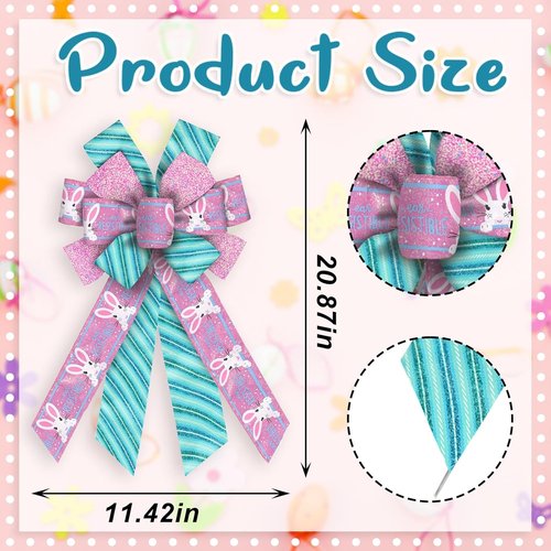 Hying Easter Bunny Wreath Bows - Glitter Pink & Blue Burlap | Large Holiday Decorations for Front Door