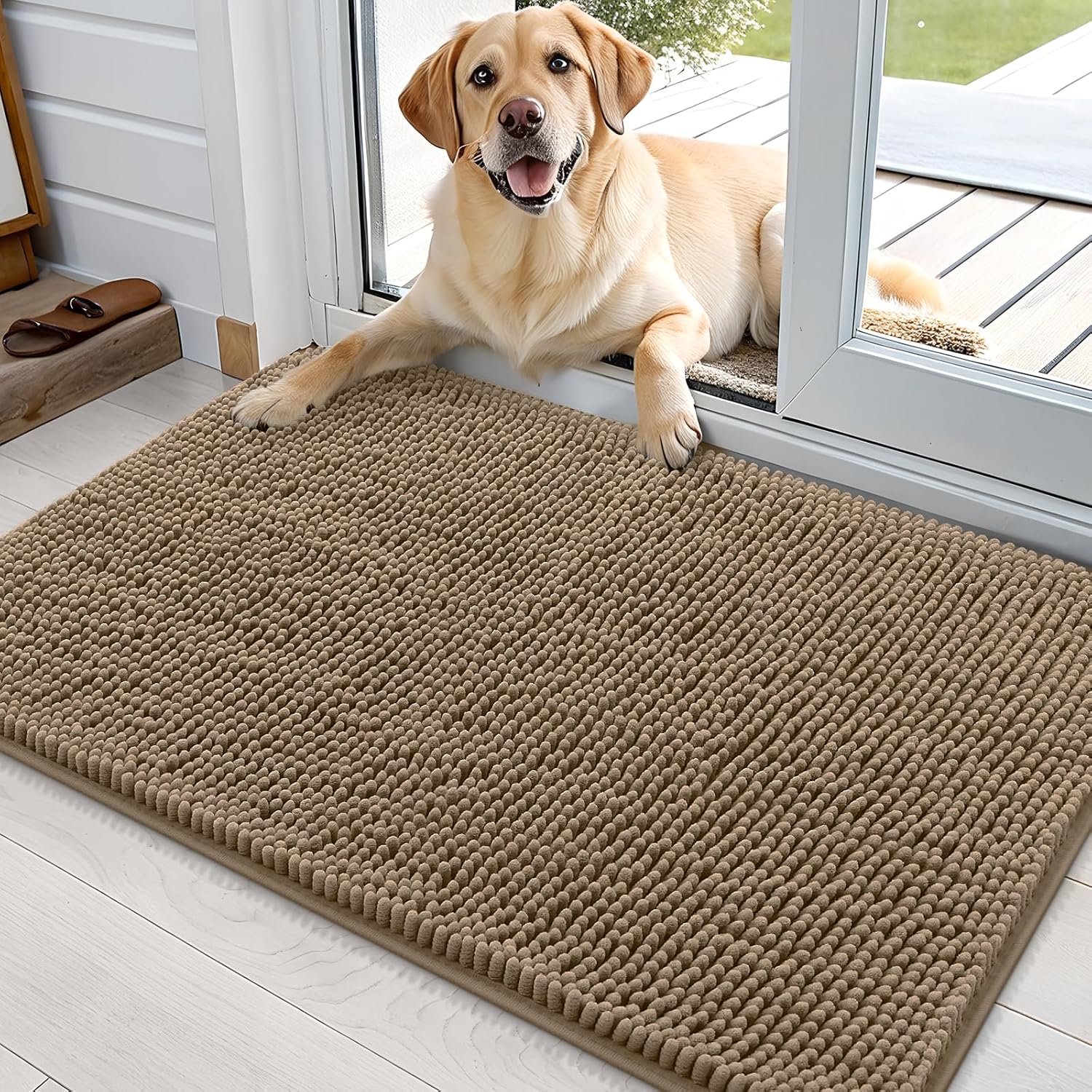 OLANLY Dog Door Mat - Absorbent Non-Slip Chenille Mat for Muddy Paws | 36x24 Tan Indoor Doormat