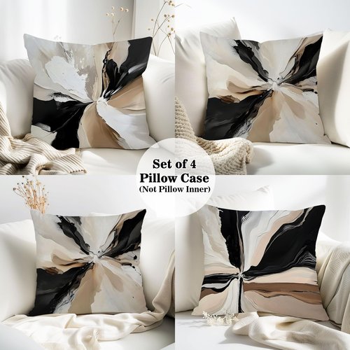 Black White Modern Throw Pillow Covers,Neutral Abstract Art Pillow Case,Decorative Pillow Covers for Bedroom Living Room,Abstract Art Pillow Cover Home Decor,Set of 4 (White & Brown, 18x18inches)