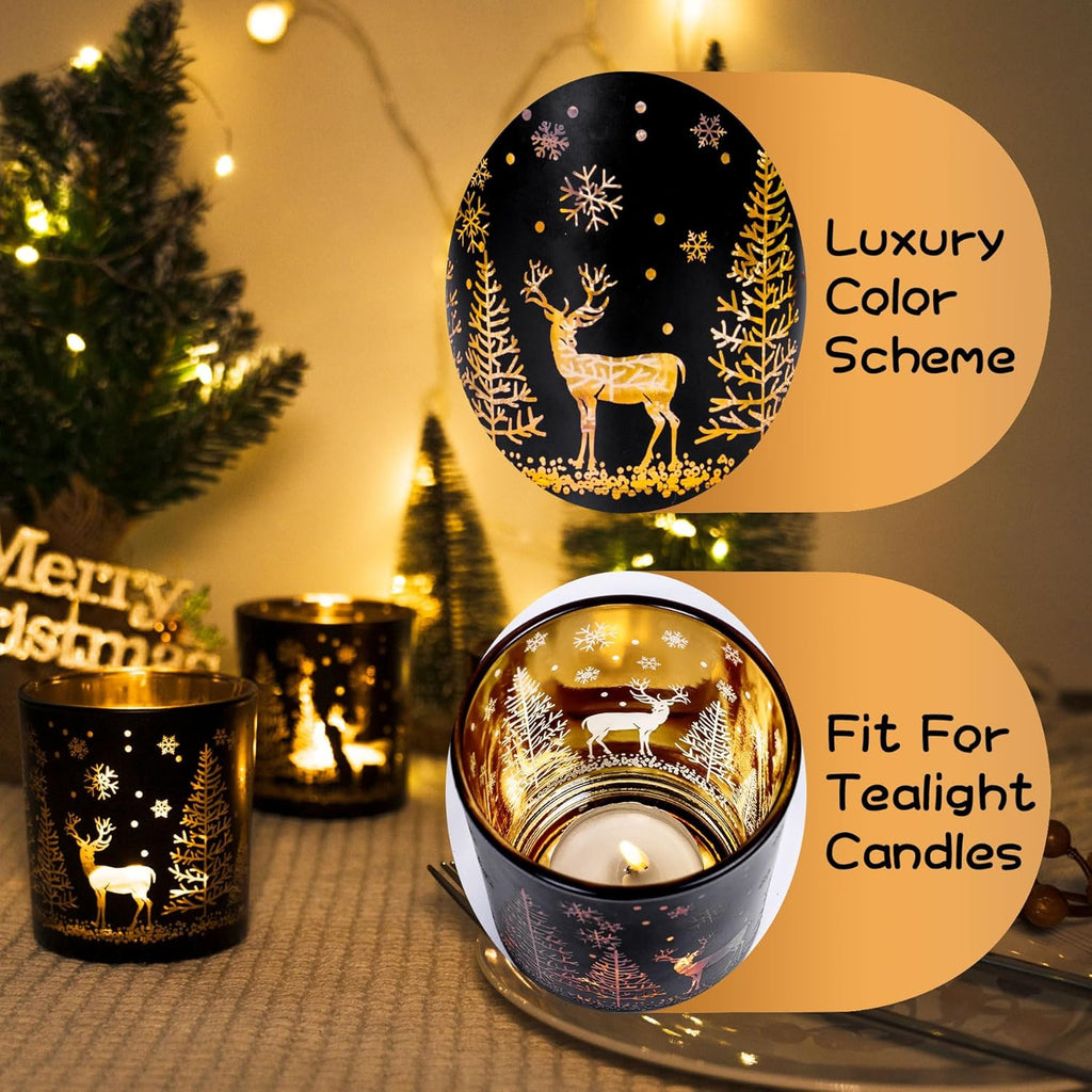 Skiennix Votive Candle Holders - Black & Gold Glass Tealight Set of 3 | Festive Elk, Tree & Snowflake Design for Holiday Decor