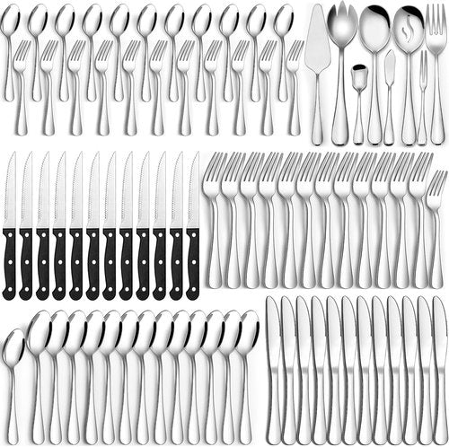 CEKEE Stainless Steel Silverware Set - 80 Pieces Flatware with Serving Utensils for 12 | Dishwasher Safe