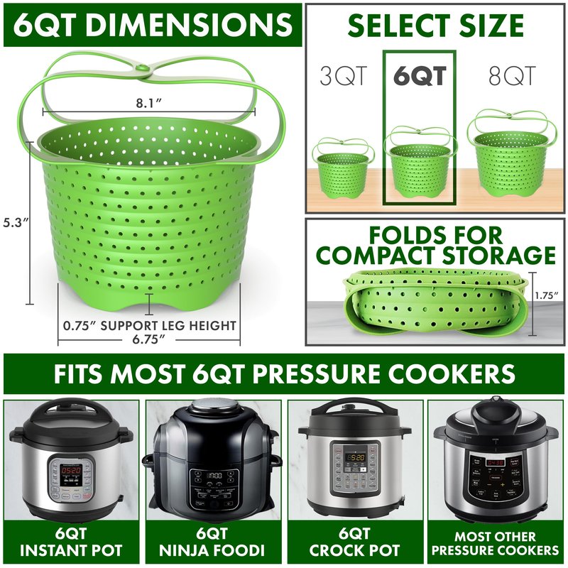 Avokado Silicone Steamer Basket for 6qt Instant Pot [3qt, 8qt avail], Other Pressure Cookers - 100% Food Safe, BPA-Free, Dishwasher Safe Collapsible Vegetable Steamer Basket & Strainer