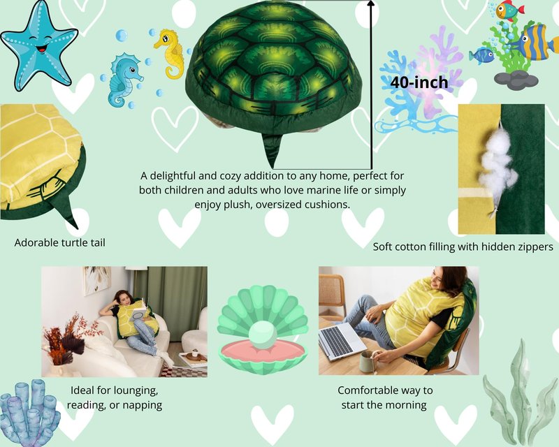 NovaVortex Multifunctional Wearable Animal Turtle Shell Pillow, 40-inch Cozy Plush Costume for Snuggling, Dress-up, Lounging, or Themed Parties, Stuffed with Soft Cotton, Vibrant Print, Hand Washable
