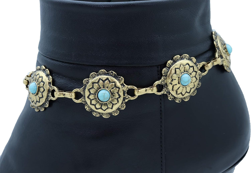 TrendyFashionJewelry Boot Chain Bracelet | Western Bohemian Anklet with Blue Flower Charm in Antique Gold