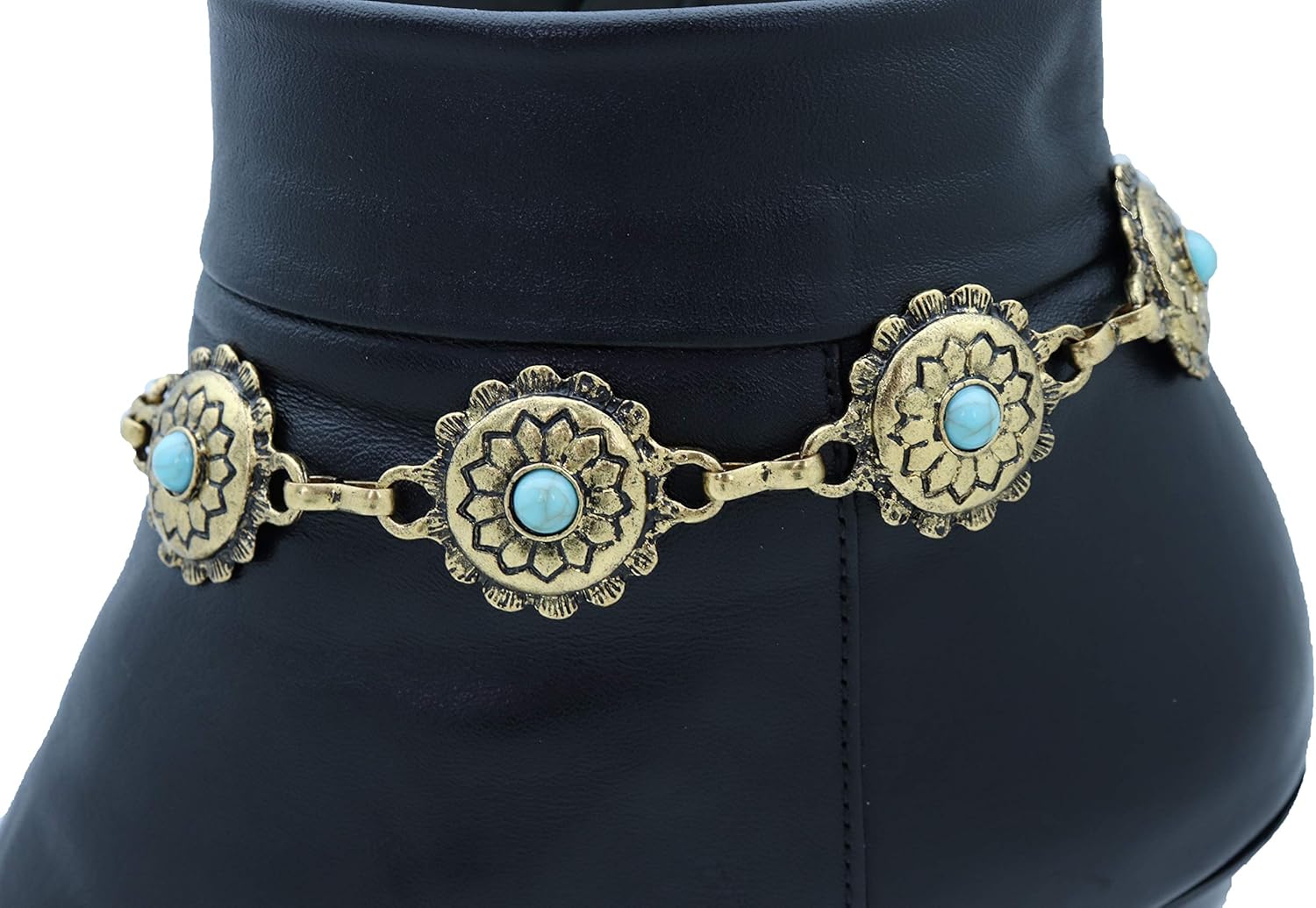 TrendyFashionJewelry Boot Chain Bracelet | Western Bohemian Anklet with Blue Flower Charm in Antique Gold