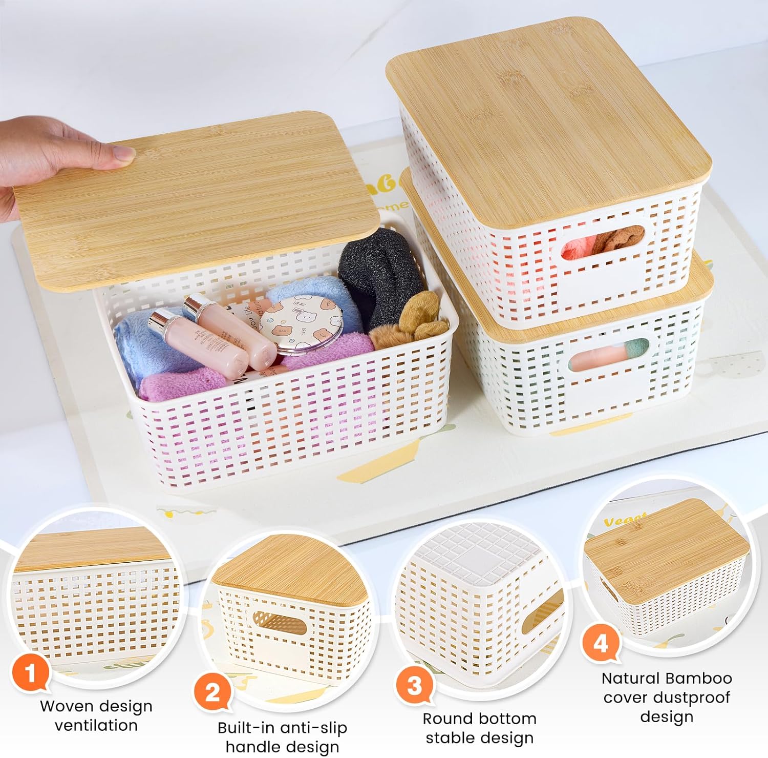 Ohmlove Plastic Storage Baskets - Stackable Containers with Bamboo Lid for Organizing | 6 Pack