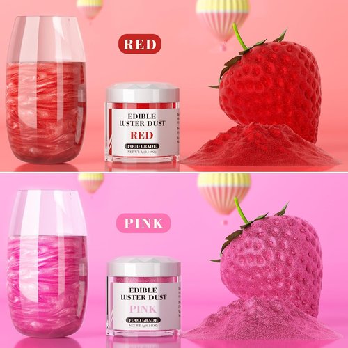 Cherrysea Luster Dust Edible Set - Food Grade Shimmer Powder for Cakes & Cocktails - 4g Red & Pink