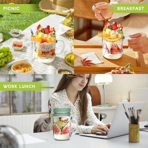 ANOTION Overnight Oats Containers with Lids and Spoons - 16 oz Mason Jars with Handle Set of 4 - Airtight Glass Meal Prep Containers for Oats Overnight, Yogurt Oatmeal Cereal Pudding Cups with Lids