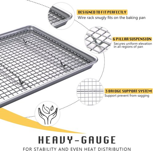HONGBAKE Nonstick Baking Sheet with Rack - 13'' x 18'' Commercial Half Cookie Pan & Cooling Rack