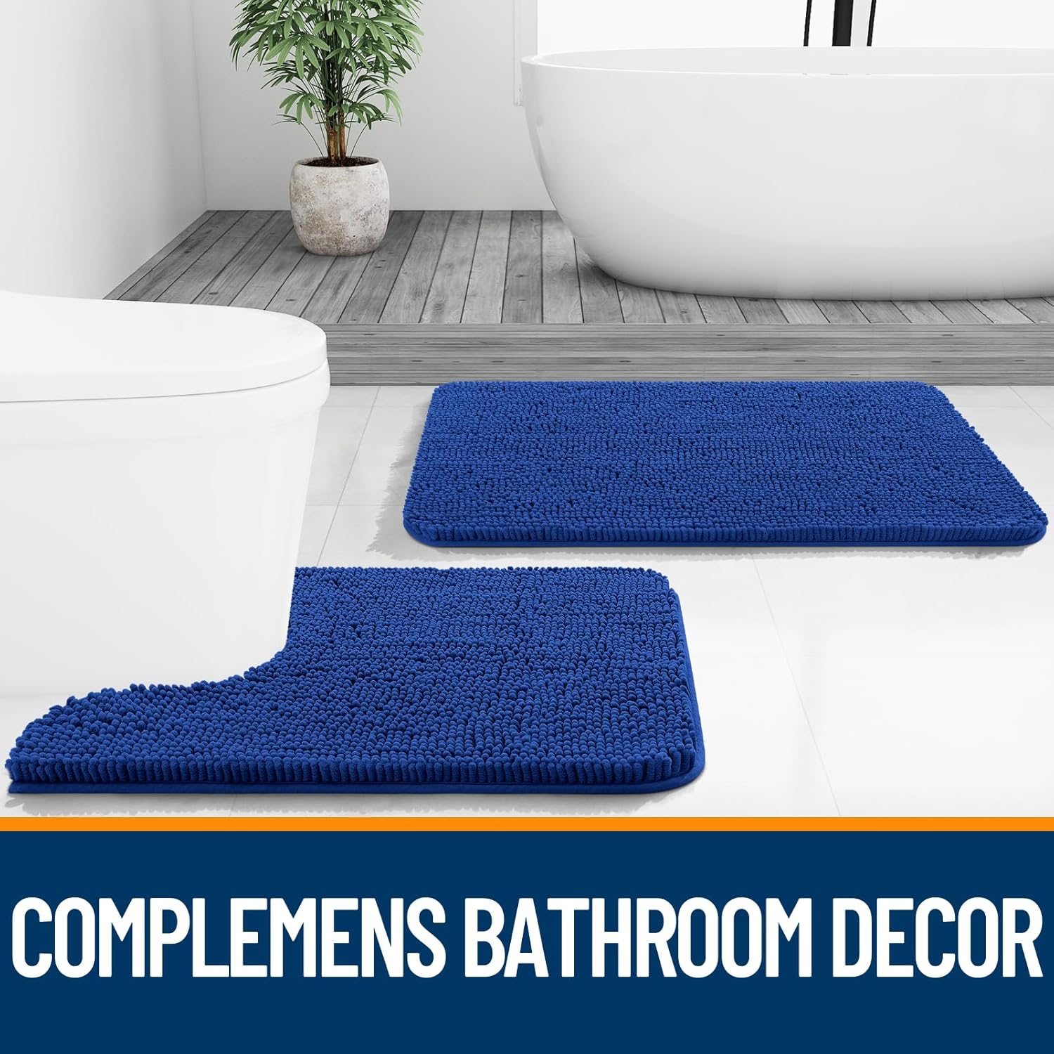 OLANLY Bathroom Runner Rugs - Soft Absorbent Chenille with Rubber Backing | 47x17 Royal Blue, Quick Dry & Machine Washable
