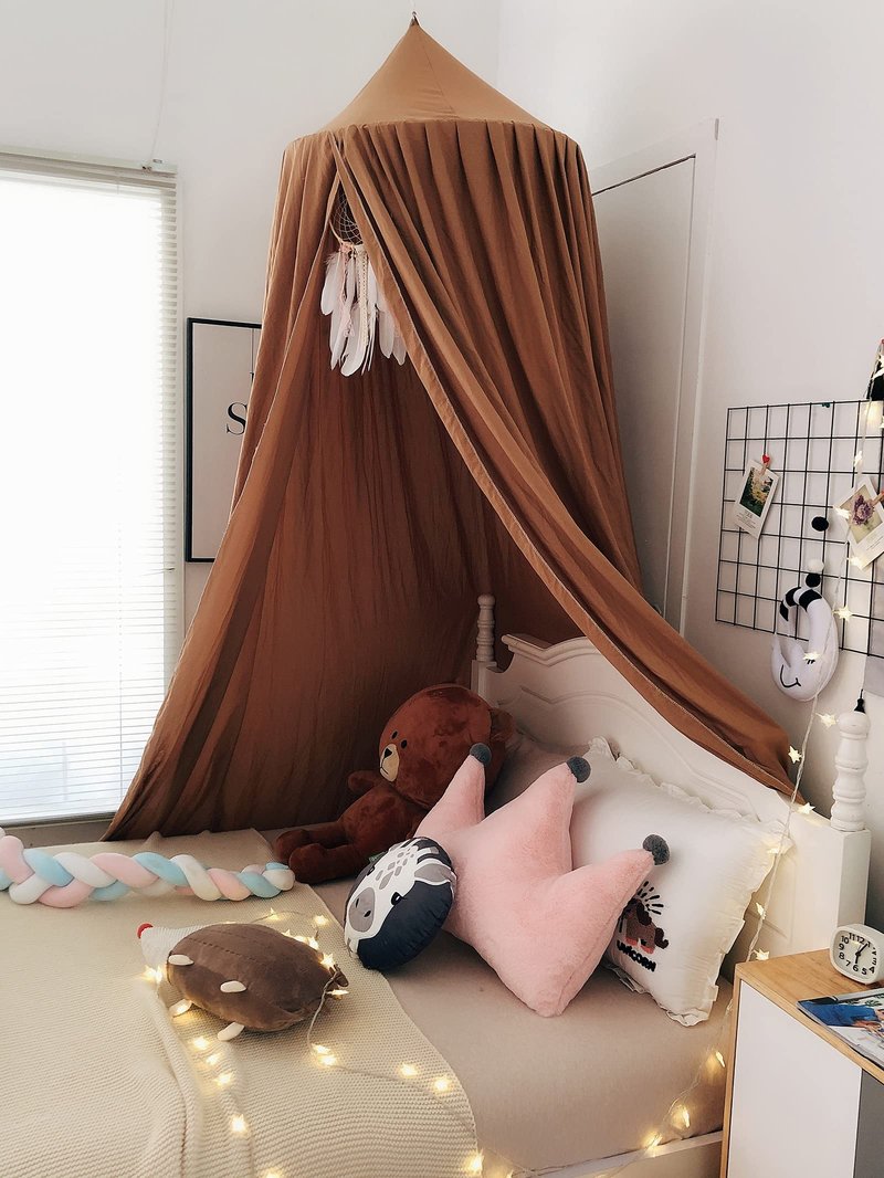 KingKara Crib Bed Canopy for Kids Girls, Round Dome Netting Mosquito Net Canopy Bed Curtain for Play Room Baby Bed Indoor Outdoor Princess Castle Hanging House Decoration (Coffee)