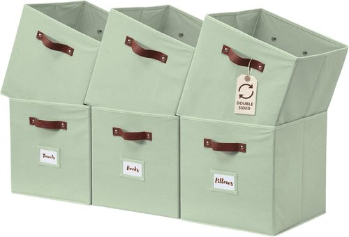 DECOMOMO Storage Cubes - 13x13x13 Fabric Organizer Bins with Labels | 6-Piece Set in Sage Green