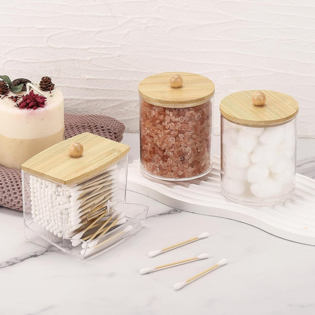 Tbestmax Cotton Swab Dispenser - Stylish Apothecary Jar Organizer with Bamboo Lid | 10/12 oz Capacity