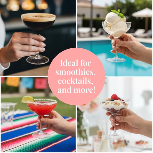 Prestee 24 Clear Plastic Coupe Glasses 4oz - Disposable Plastic Cocktail Cups, Martini Glasses, Margarita Glass, Champagne Glass for Parties, Cinco de Mayo, Taco Party, Weddings Decorations