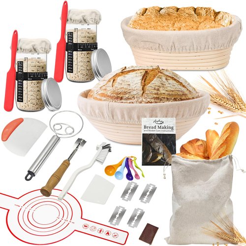 Amgkonp 22Pack Sourdough Bread Baking Supplies,25oz Sourdough Starter kit with Jar and 9 Inch Round & 10 Inch Oval Banneton Bread Proofing Basket,Sourdough Kit Gifts for Bakers Women Wife Mom