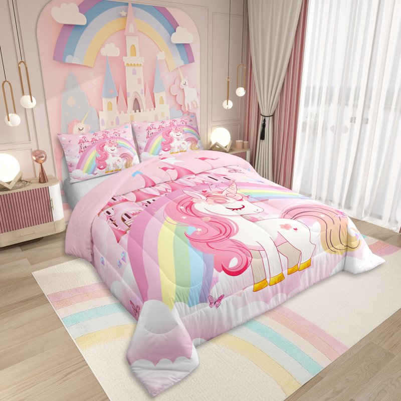 Erosebridal Unicorn Queen Comforter Set for Girls Kids Rainbow Princess Pink Unicorn Bedding Set Teens Adult Kawaii Cute Castle Stars Bed Sets Cartoon Horse Reversible Quilt Fantasy Girls Room Decor