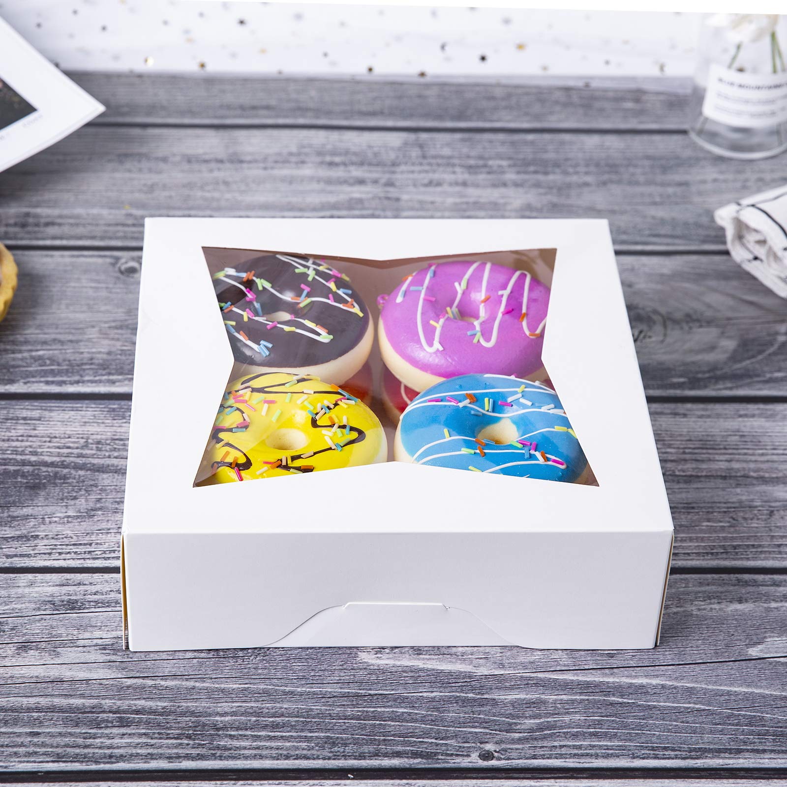 ONE MORE [15pcs] 8" White Bakery Pie Boxes, White Cardboard Cookie Box with Window Auto-Popup Natural Disposable Pastries Boxes 8x8x2.5inch,Pack of 15