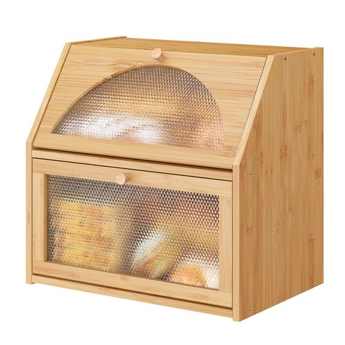 Vriccc Extra Large Bread Box for Kitchen Counter, Bamboo Wood Double Layer Bread Box for Kitchen Counter, Wooden Capacity Bread Storage Bin