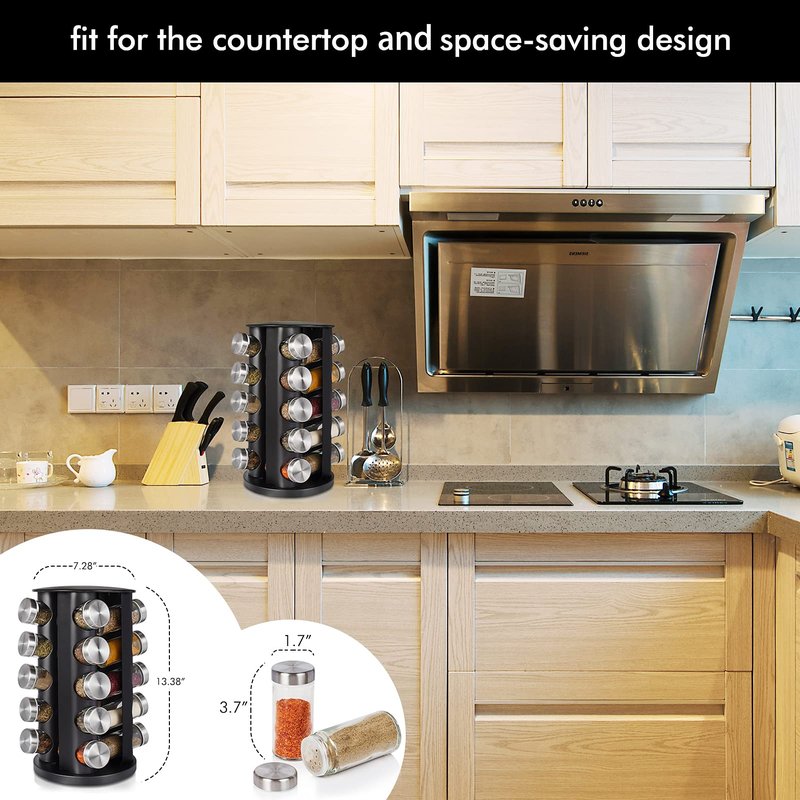 Baker Boutique Spice Rack, Spice Organizer for Countertop, Empty 20-Jars Rotating Rack, Spinning flavoring Rack Shelf, Revolving rack for Kitchen (Black)