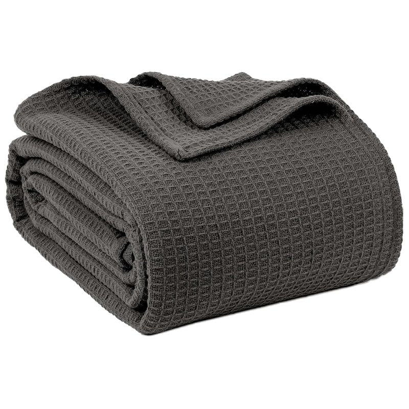 100% Cotton Blankets for Bed - Waffle Weave Blankets for Summer, Lightweight and Breathable Soft Woven Blanket for Spring (Dark Grey, Queen (90" x 90"))