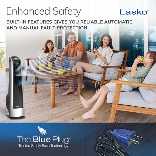 Lasko High Velocity Oscillating Tower Fan - Remote Control, Timer, 3 Speeds | 35" Silver/Black