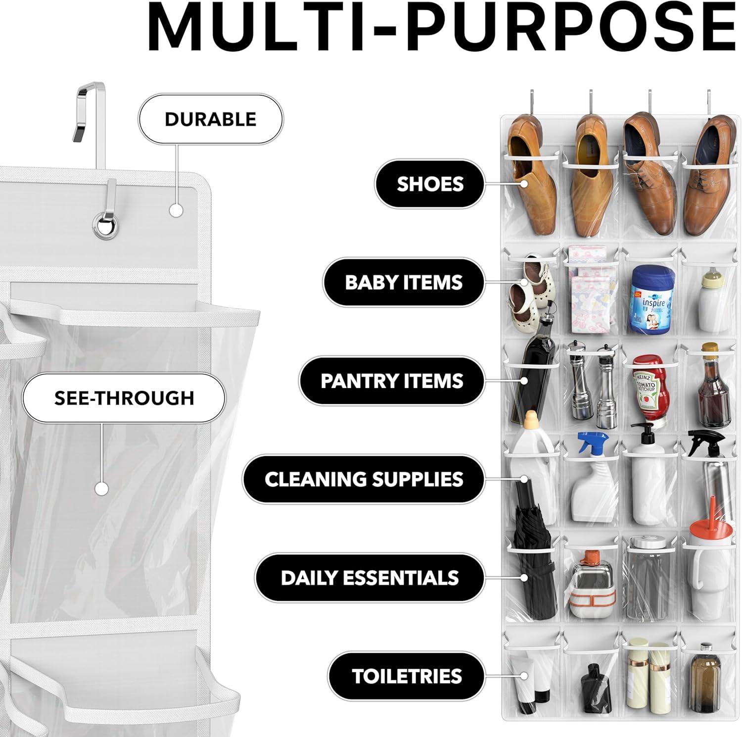Simple Houseware Over The Door Hanging Shoe Organizer - 24 Clear Pockets, White (56" x 22.5")