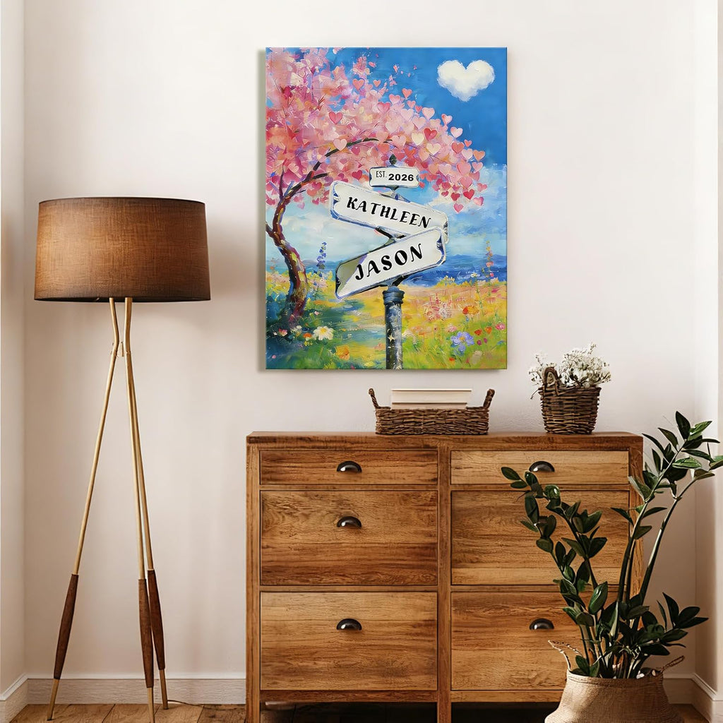 Personalized Crossroads Street Sign Canvas Print for Couples, Custom Name & Date Canvas Wall Art, Valentine’s Day Gift for Him/Her, Anniversary Wedding Custom Canvas Print, Wrapped Frame 12X16