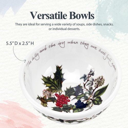 Portmeirion The Holly and The Ivy 5.5" Salad Bowls (Set of 6) - Festive Earthenware for Christmas Dining, Ideal for Salads, Sides, Desserts - Microwave, Dishwasher, Freezer Safe - Seasonal Tableware