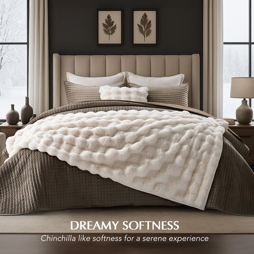 EverGrace Ultra Soft Luxury Fluffy Faux Rabbit Fur Throw Blanket, Thick Warm Bubble Throw for Bed, Cozy Plush Reversible Blankets for Couch, Chair, Sofa, Ivory White, 60x80 Inches